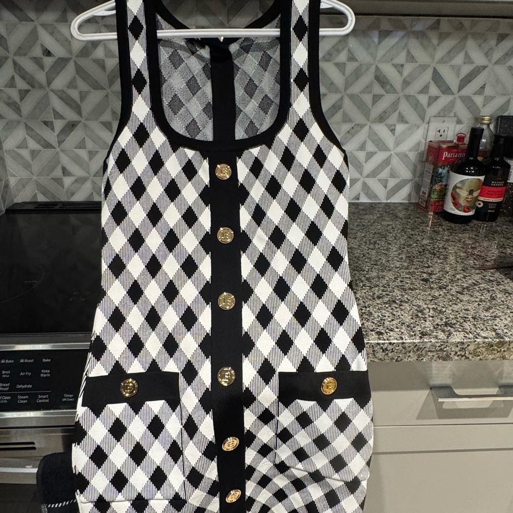 Balmain Monochrome Checkered Knit with Gold Accents